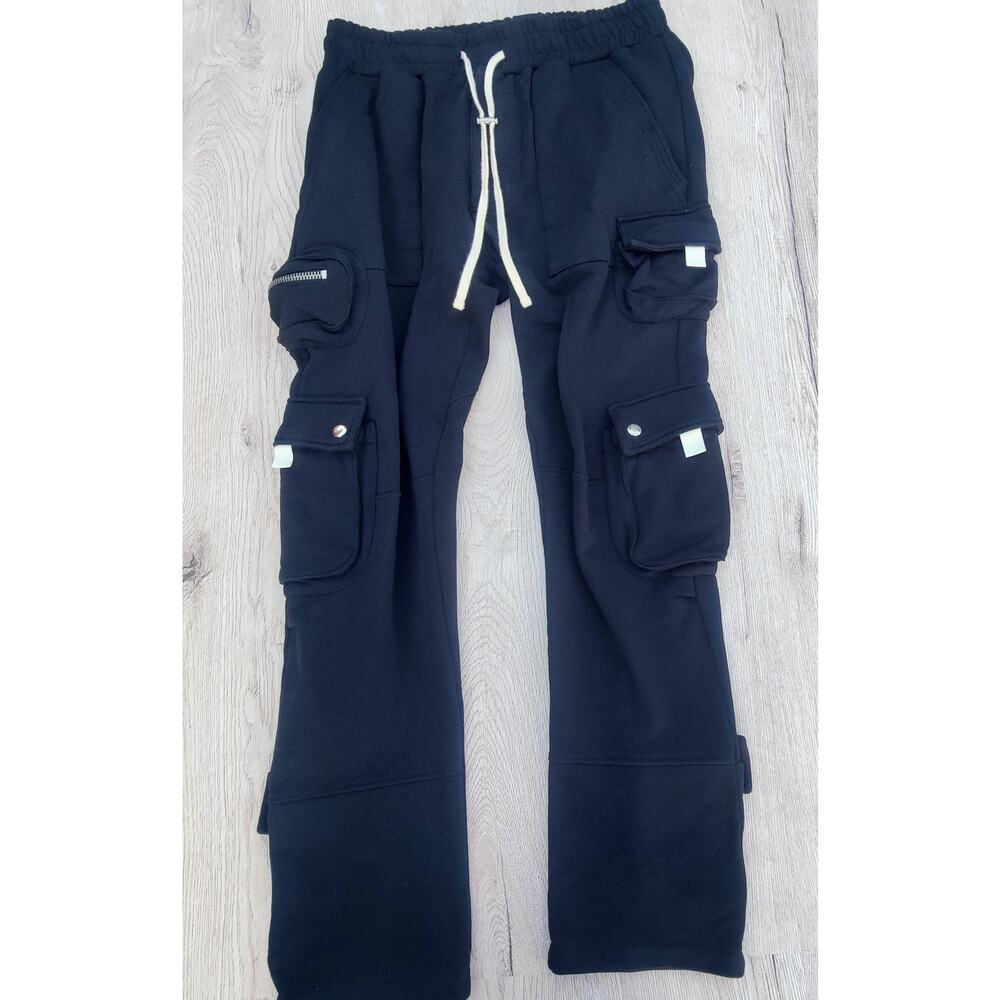 MNNI Mens Large Black Cargo Knit Elastic Waist Zip Pockets Utility Streetwear